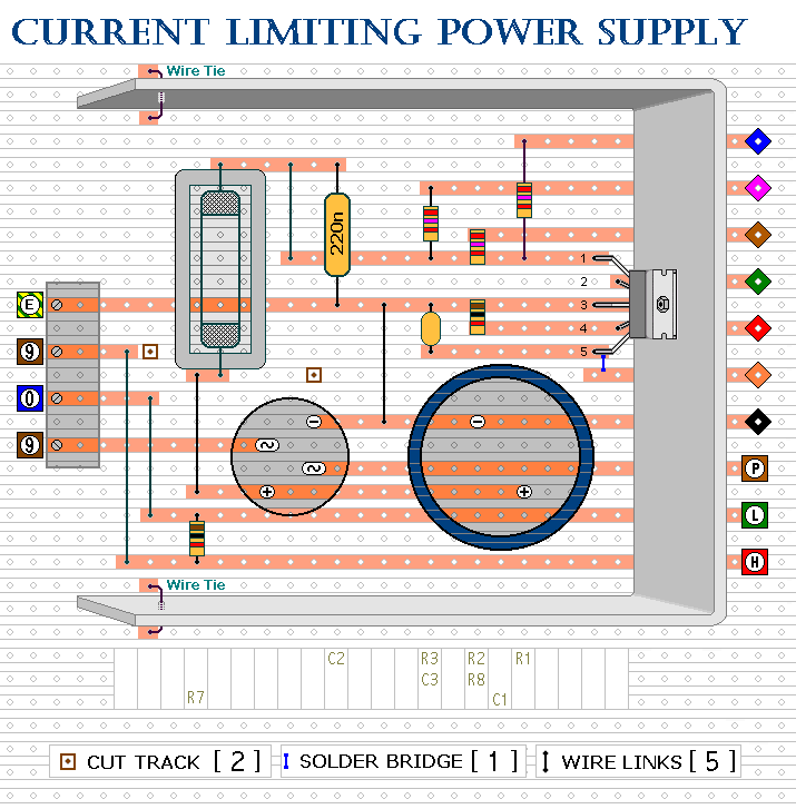 The Stripboard Layout
Of The Current Limiting 
Bench Power Supply Unit