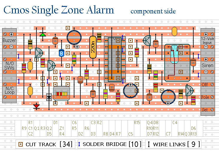 The Stripboard Layout For 
The Cmos Based Single
Zone Burglar Alarm