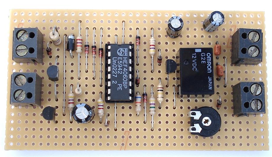 A Photograph Of Ron J's 
Cmos 4060 Based 
One-Time-Only Alarm 
Circuit Board