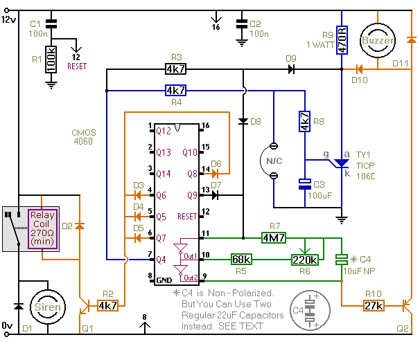 Circuit Diagram For A 
Cmos 4060 Burglar Alarm