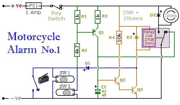 Circuit Diagram For A 
Transistor Motorbike Alarm