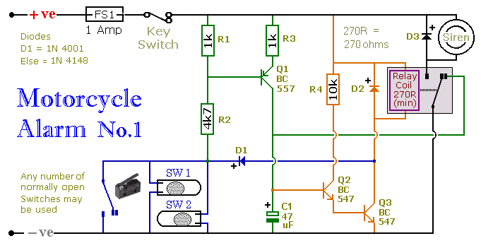 Circuit Diagram Of 
A Transistor-Based
Motorcycle Alarm