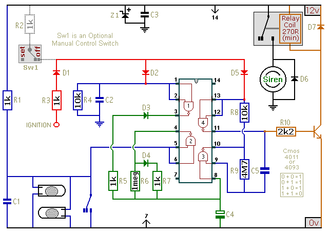 Circuit Diagram For A 
Cmos 4011 Motorbike Alarm