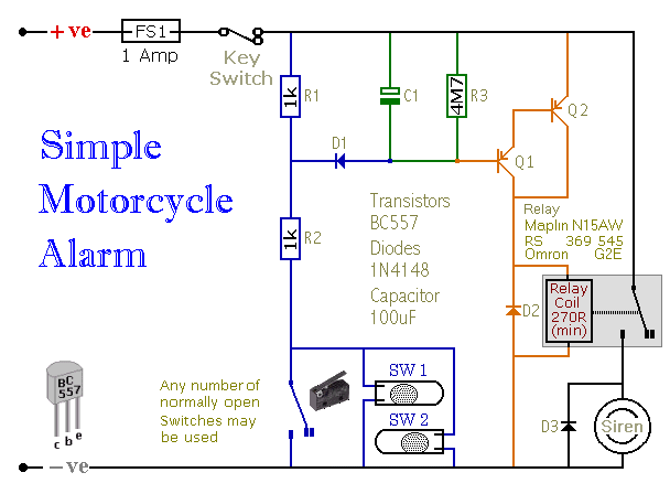 Circuit Diagram For A 
Transistor Motorbike Alarm