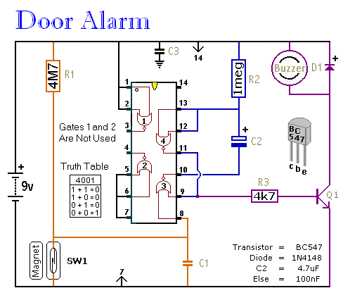 Simple Door or Shed Alarm - 
Schematic Diagram
