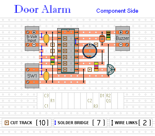 Simple Door or Shed Alarm - 
Veroboard Layout