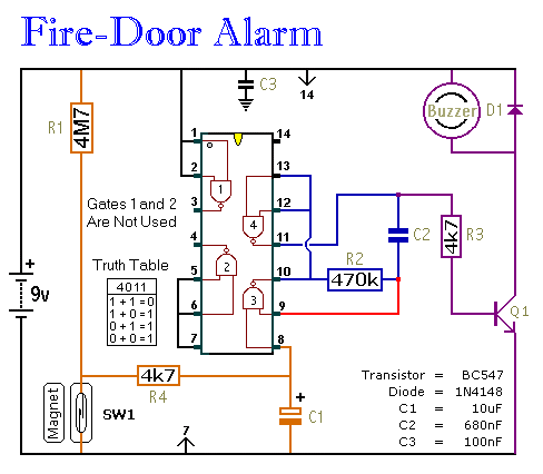 Simple Fire-Door Alarm - 
Schematic Diagram