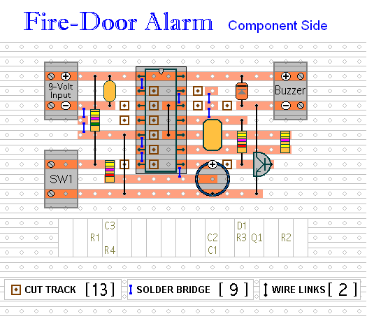 Simple Fire-Door Alarm - 
Veroboard Layout