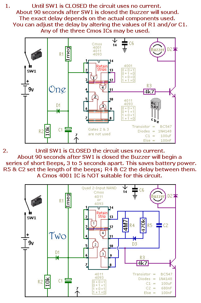 Two Simple Fridge Alarm Circuits - 
One With A Constant Output - And 
One With An Intermittent Output