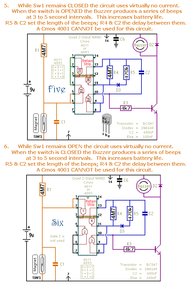 Two Asymmetrical Astable Alarm Circuits - 
One With A Normally-Open Trigger - And
One With A Normally-Closed Trigger 