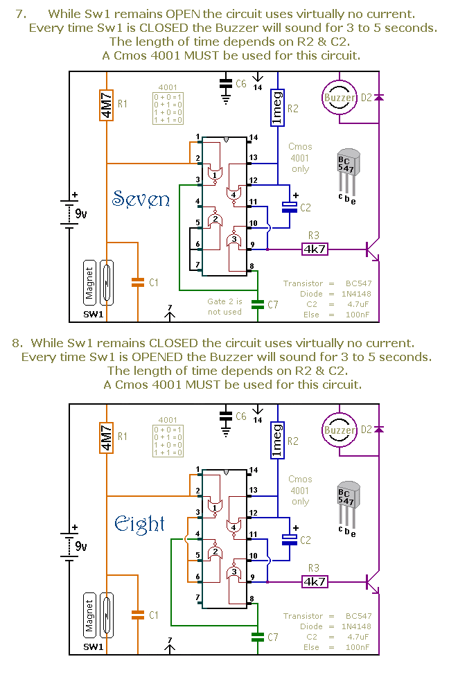 Two Monostable Alarm Circuits - One 
With A Normally-Open Trigger - And
One With A Normally-Closed Trigger 