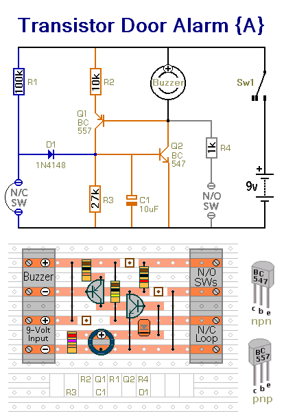 A Simple Battery-Powered 
Transistor Door-Alarm. The Circuit 
Is Built Around A Complementary Latch