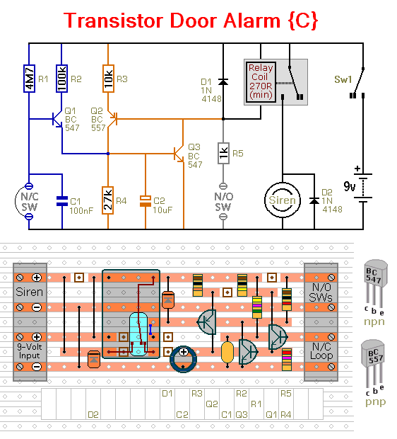 A Simple Battery-Powered 
Transistor Door-Alarm With 
A Relay Output 